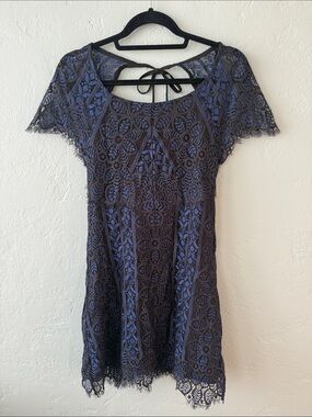 For Love and Lemons Black and Navy Lace Mini Dress with Short Cap Sleeves